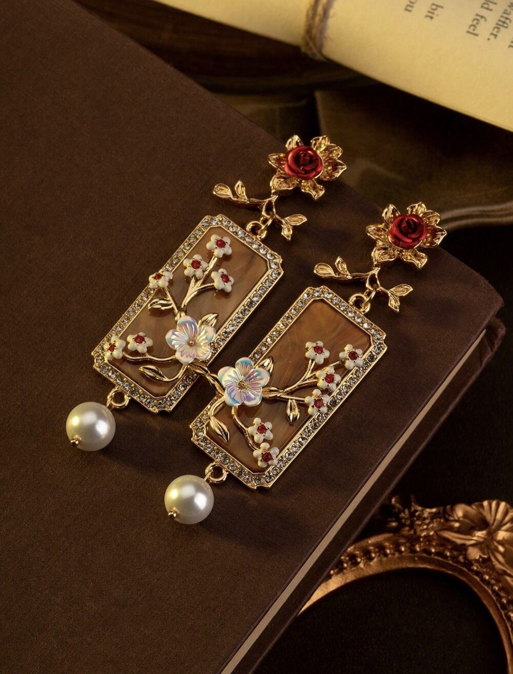 Vintage Floral Drop Earrings Red Rose Pearl Dangle Elegant Art Deco